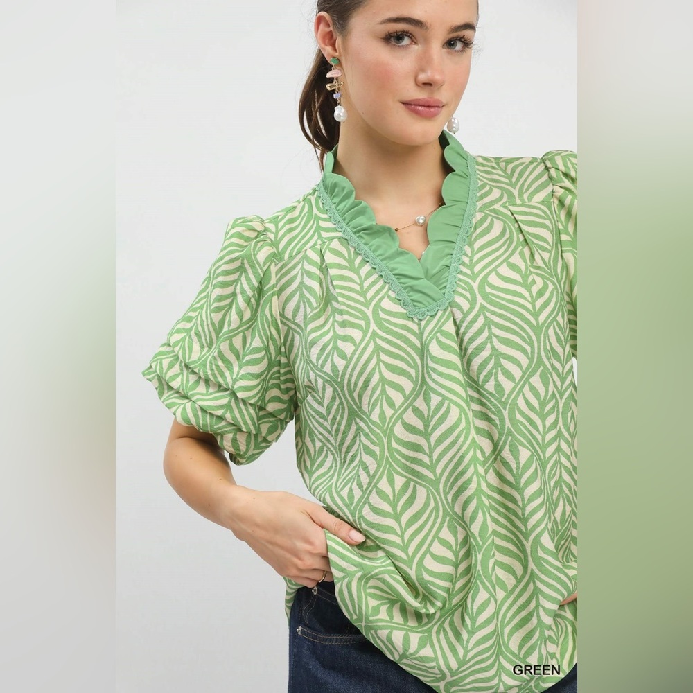 💚 Umgee Printed Puff Sleeve Ruffle Neck Top 💚🛍️ - Picture 7 of 7
